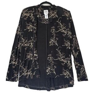 Vintage R&M Richards Karen Kwong Open Front‎ Jacket Womens 12 Black Gold Floral